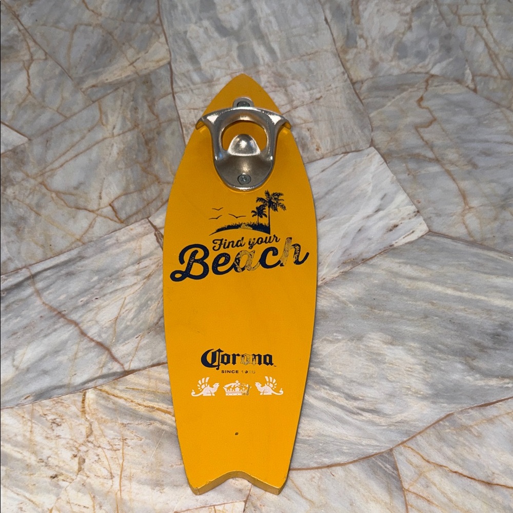 Corona Beer Bottle Opener - Find Your Beach - Wall Mount Surfboard Yellow 12"
